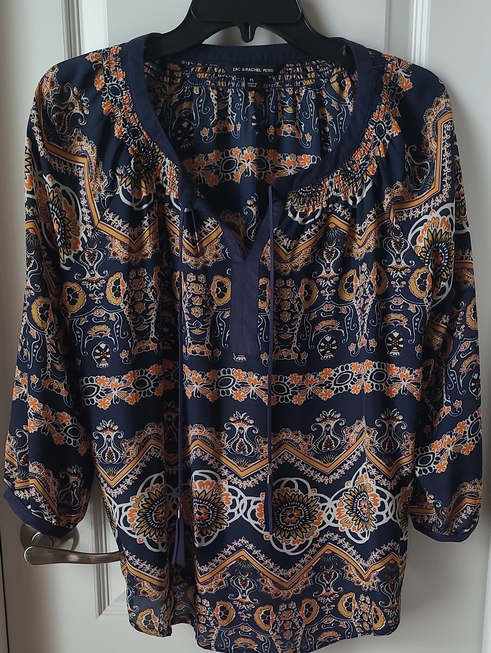 Zac & Rachel Navy Paisley Floral Tie-Neck Blouse